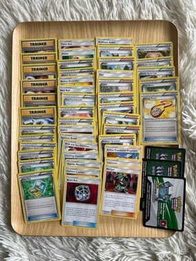 48 Pokémon Card Lot - Yellow-Edged Trainer Cards, blue orange, stem, support